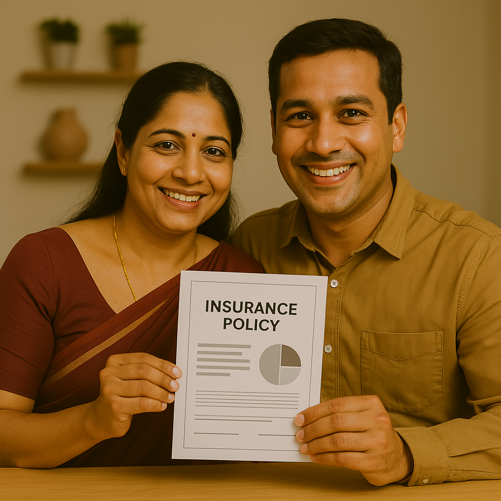A confident Indian couple in their early 40s smiling while holding an insurance policy document. Seated at a warm-toned consultation table, the image reflects trust, clarity, and expert guidance for property and vehicle insurance assistance in India.
