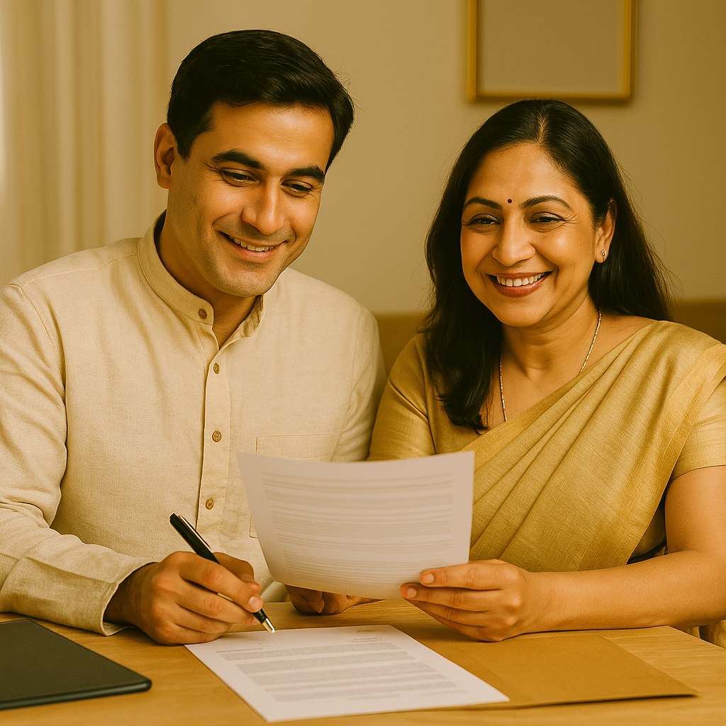 A professionally dressed Indian couple carefully reviewing legal property documents at a consultation desk. The scene conveys trust, clarity, and confidence in a warm indoor setting — ideal representation for property document verification services in India.