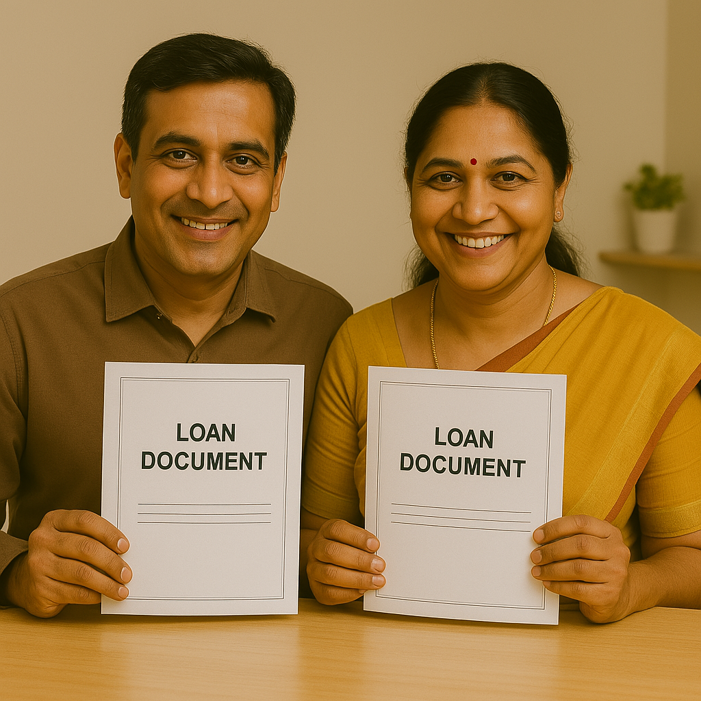 A smiling Indian couple seated at a consultation table, holding Khata and Encumbrance Certificates. The woman is dressed in a mustard-yellow saree, and the setting is warm and professional, representing support for home and commercial property loans and document handling in Ind
