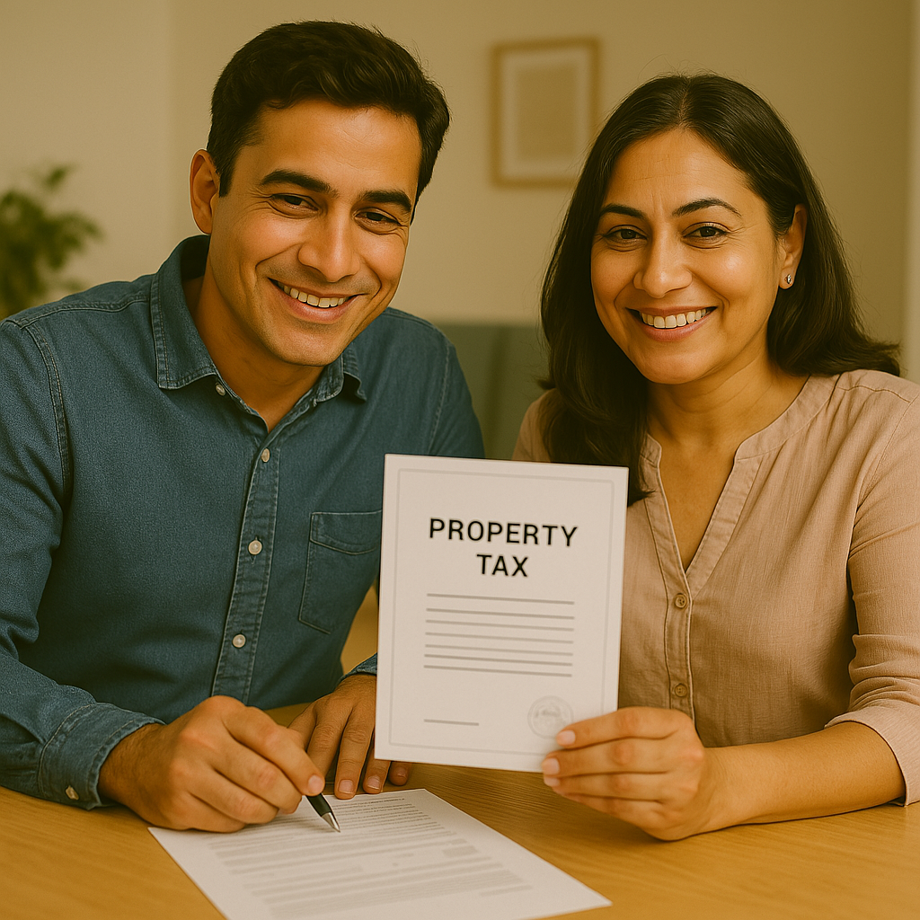 An Indian couple reviewing and signing a property tax document at a desk, smiling with confidence. Captured in a warm indoor setting, the image reflects professional assistance in timely and accurate property tax payments in India.