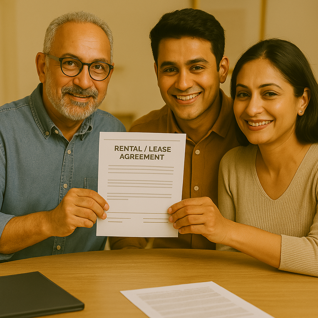 A cheerful Indian couple sitting with a senior advisor, holding a sale or rental agreement document at a table. The setting is warm and professional, reflecting trust, clarity, and expert guidance for property sale deed and agreement services in India.