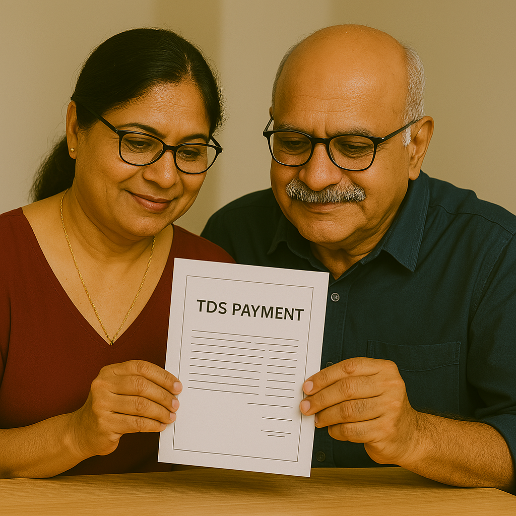 An Indian couple holding a TDS Payment document at a consultation table, appearing confident and reassured. Captured in a warm, softly lit setting, this image represents TDS (Tax Deducted at Source) support and guidance for property transactions in India.